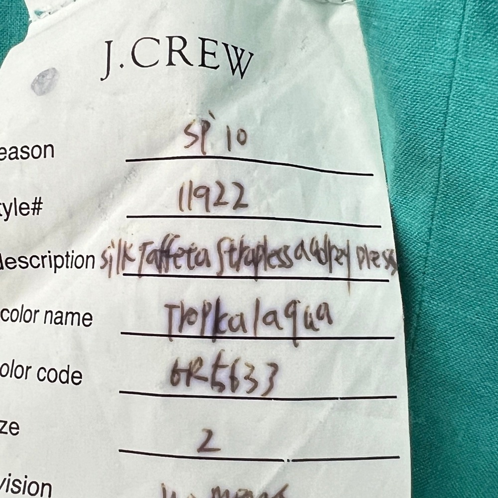 J Crew Audrey Dress Women 2 Green‎ Aqua Silk Tafetta Strapless Ruffle Cocktail - Picture 14 of 15